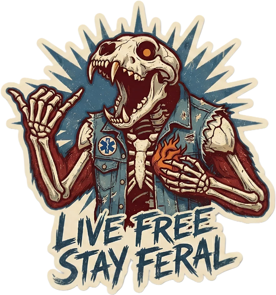 Skeletal bear in a denim vest throwing a shaka, with the words Live Free Stay Feral